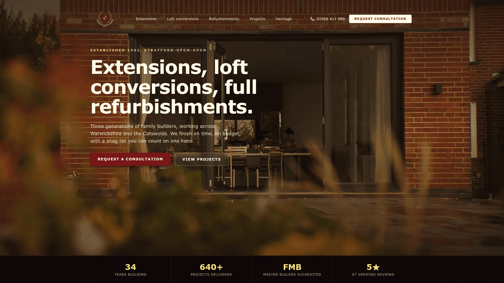 Foster & Sons Builders website hero, designed and built by Kelso Creative