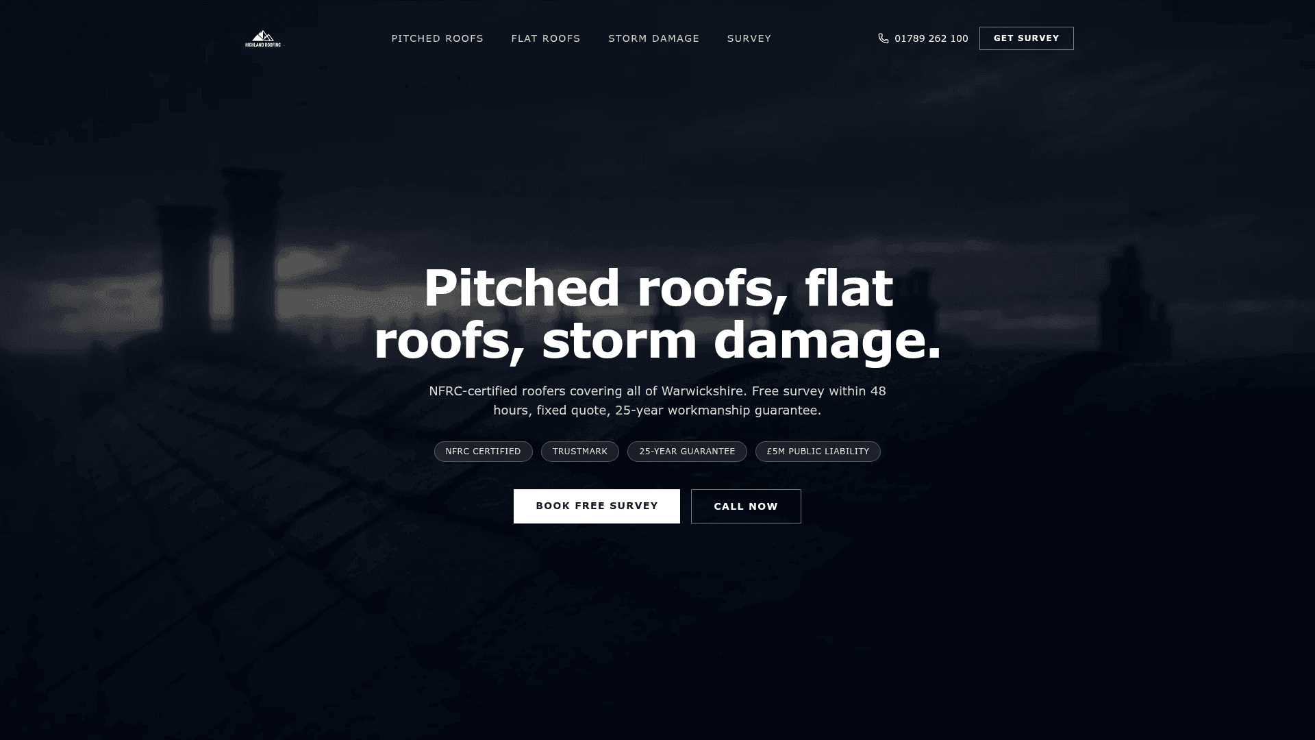 Highland Roofing website hero, designed and built by Kelso Creative