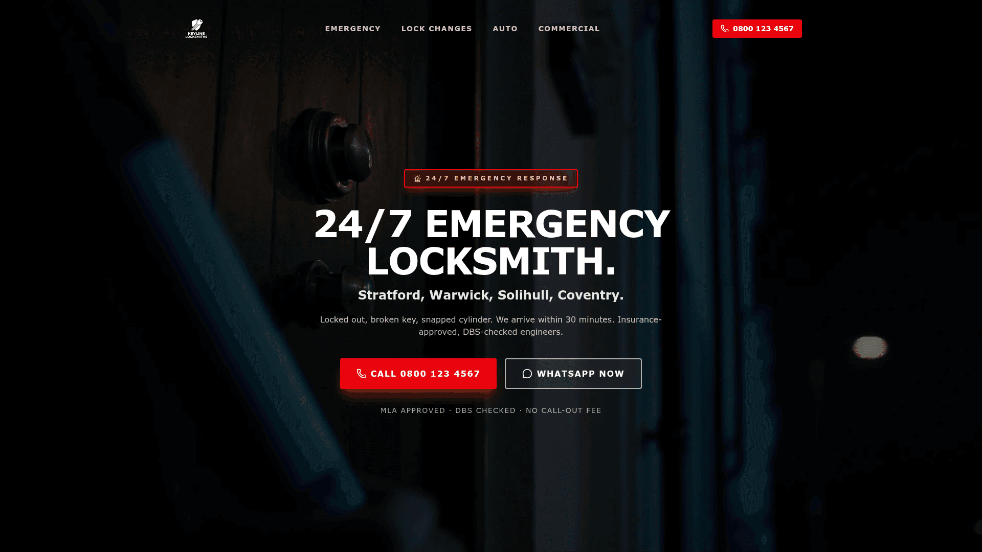 KeyLine Locksmiths website hero, designed and built by Kelso Creative